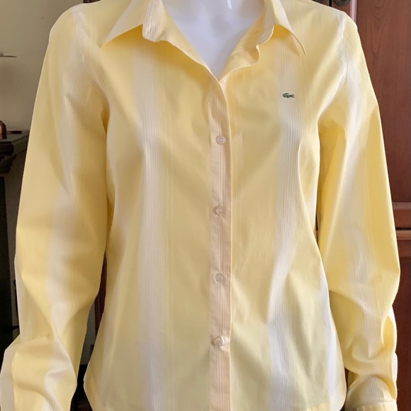 Lacoste yellow cotton woman dress shirt thin white stripes crocodile logo US 10 - Picture 14 of 15